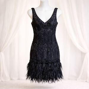 Sue Wong Style 1418 Black Beaded Flapper Dress Ostrich Feather Hem Gatsby Sz 12